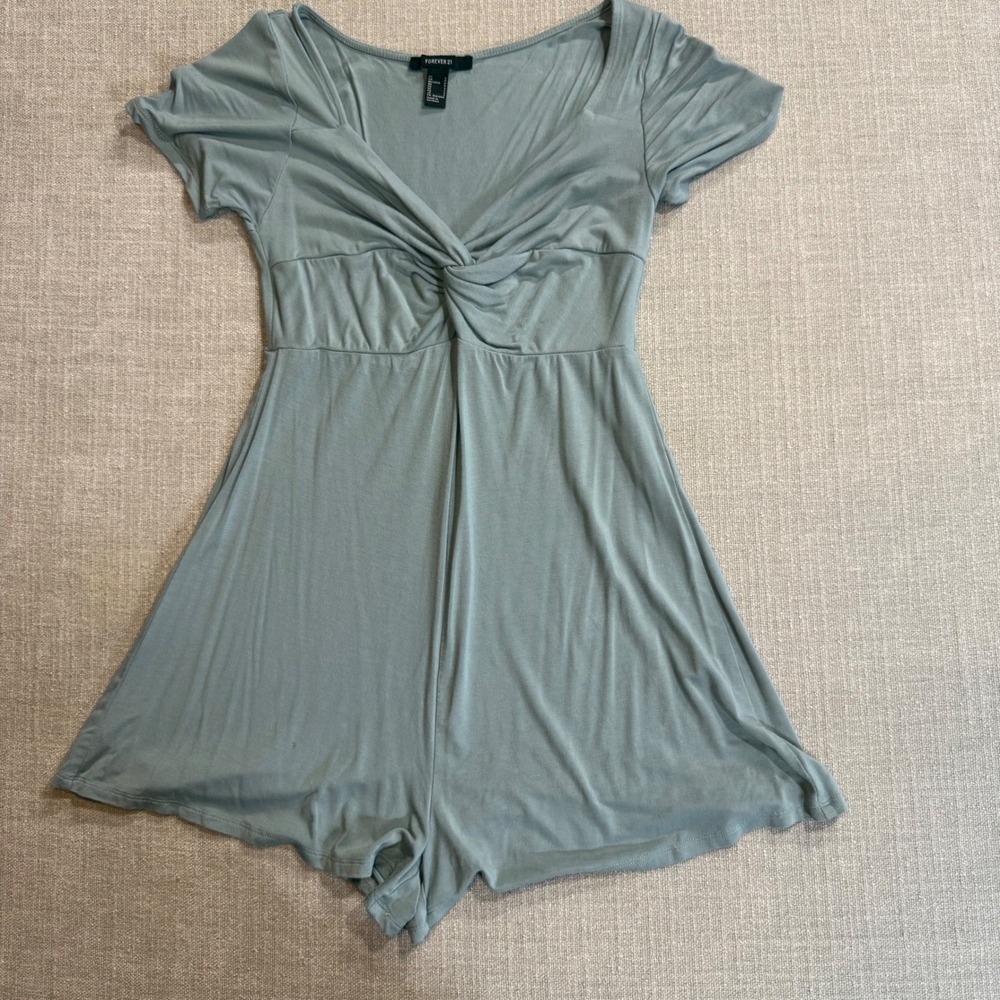 Forever 21 Romper Small Sage Green Short Sleeve V-Neck Twist Front Knit Jumpsuit